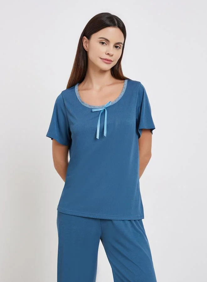 Styli Styli Blue Ribbed Bow Lace Top and Pyjama Set