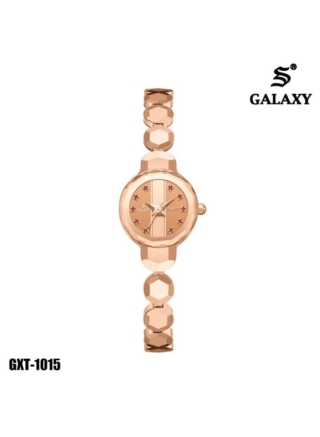 جالاكسي ساعة يد نسائية GALAXY GXT-1015 كوارتز عقارب بلون ذهبي وردي مع ميناء مرصع بالأحجار وسوار حلقي