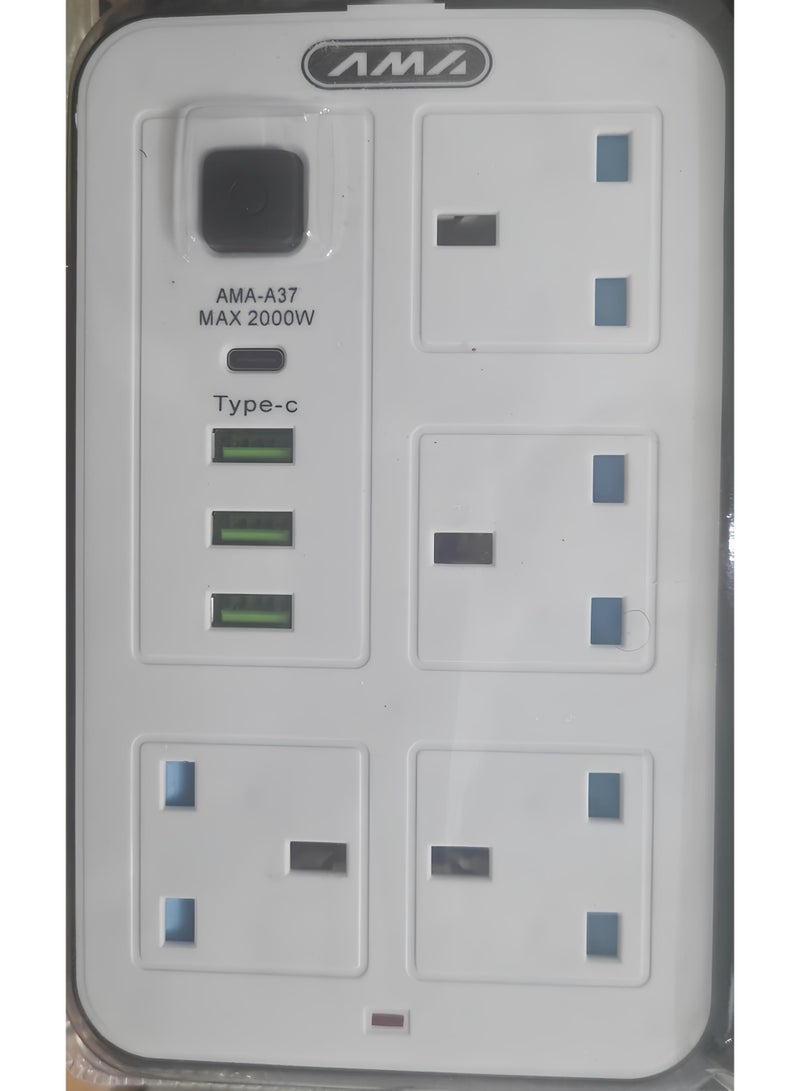 Ama 2000W power strip with four electrical outlets (3 USB charging ports and 1 Type-C port) for fast charging, durable 5-meter cord, child safety lock, and on/off switch. - Image 2