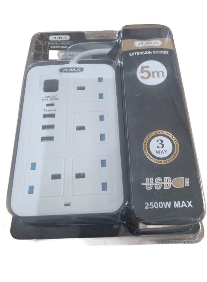 Ama 2000W power strip with four electrical outlets (3 USB charging ports and 1 Type-C port) for fast charging, durable 5-meter cord, child safety lock, and on/off switch. - Image 3