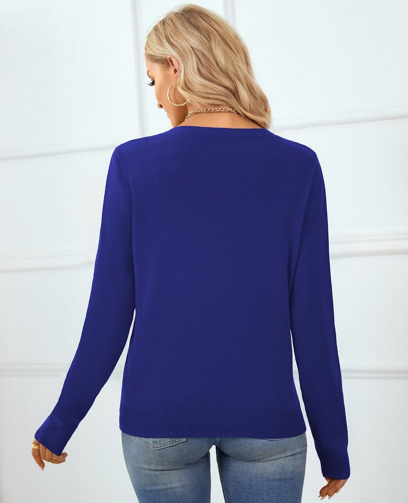 QUALFORT Women's 100% Cotton Sweater V Neck Long Sleeve Knitted Jumper Tops Royal Blue Small - Image 2