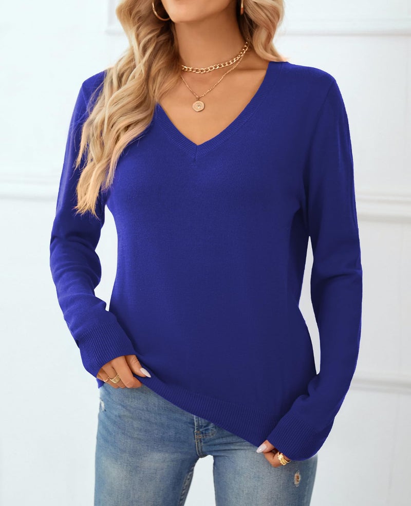 QUALFORT Women's 100% Cotton Sweater V Neck Long Sleeve Knitted Jumper Tops Royal Blue Small - Image 3