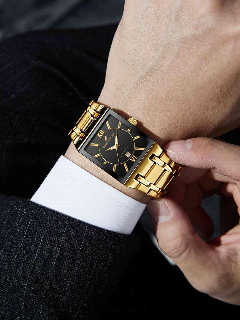 Daniel Hechter Paris Gallieni Collection Vintage Analog Watch for Men - Rectangular Dial with Roman Numerals, Date Display and Brushed Stainless Steel Strap - Image 2