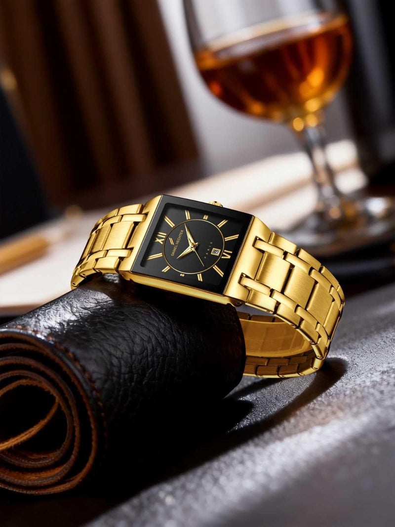 Daniel Hechter Paris Gallieni Collection Vintage Analog Watch for Men - Rectangular Dial with Roman Numerals, Date Display and Brushed Stainless Steel Strap - Image 4