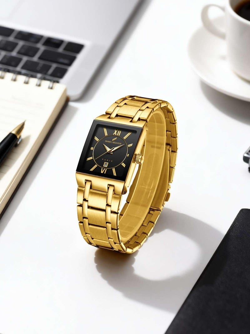 Daniel Hechter Paris Gallieni Collection Vintage Analog Watch for Men - Rectangular Dial with Roman Numerals, Date Display and Brushed Stainless Steel Strap - Image 3