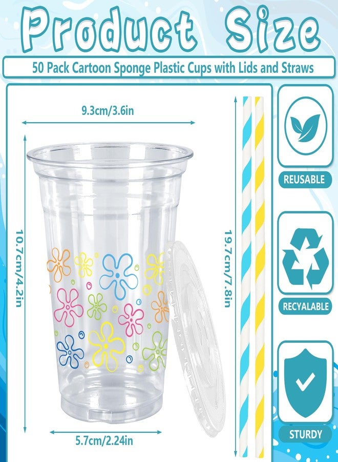 وولاين مجموعة أكواب بلاستيكية شفافة من والين، 50 قطعة، مزينة برسومات كرتونية، مع أغطية وماصات، بتصميمات زهور بيكيني ملونة، سعة 12 أونصة، للاستخدام مرة واحدة، مثالية لحفلات أعياد الميلاد وحفلات استقبال المولود الجديد. - Image 2