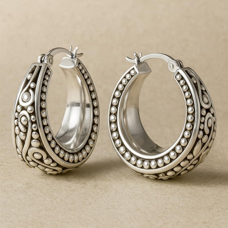 LeCalla 925 Sterling Silver Antique Floral Design Beaded Filigree Hoop Earrings Lightweight Bali Style Chunky Click-Top Hoop Earrings for Women 27MM - Image 5