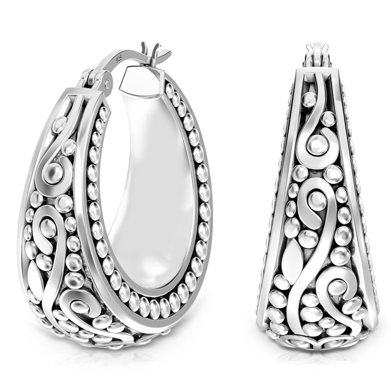 LeCalla 925 Sterling Silver Antique Floral Design Beaded Filigree Hoop Earrings Lightweight Bali Style Chunky Click-Top Hoop Earrings for Women 27MM - Image 1