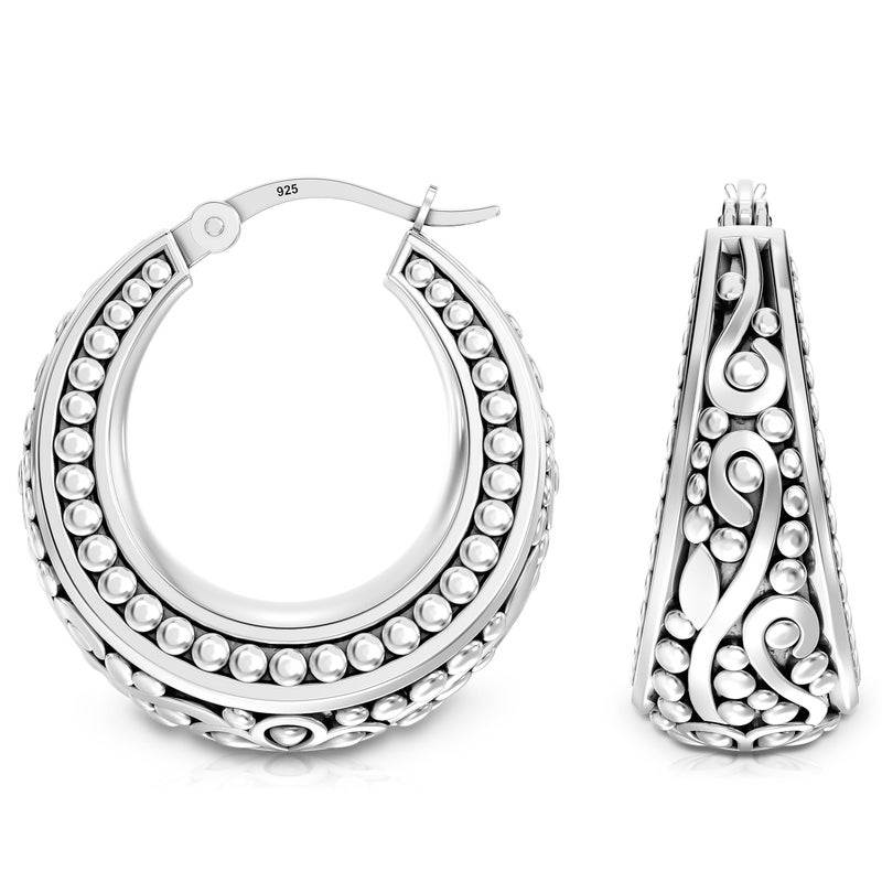 LeCalla 925 Sterling Silver Antique Floral Design Beaded Filigree Hoop Earrings Lightweight Bali Style Chunky Click-Top Hoop Earrings for Women 27MM - Image 3