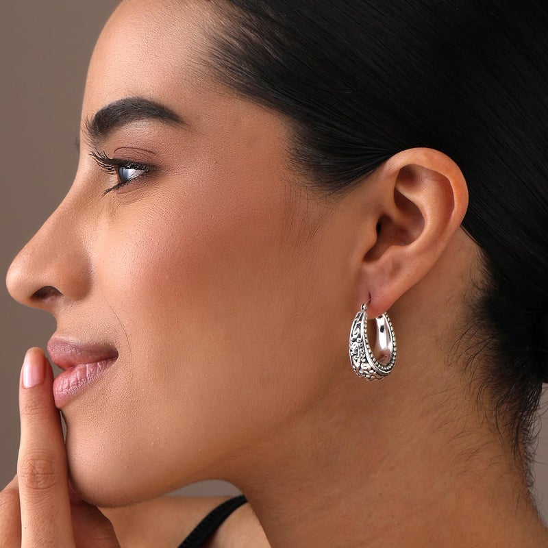 LeCalla 925 Sterling Silver Antique Floral Design Beaded Filigree Hoop Earrings Lightweight Bali Style Chunky Click-Top Hoop Earrings for Women 27MM - Image 2