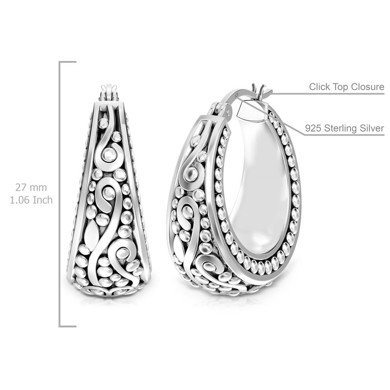 LeCalla 925 Sterling Silver Antique Floral Design Beaded Filigree Hoop Earrings Lightweight Bali Style Chunky Click-Top Hoop Earrings for Women 27MM - Image 4