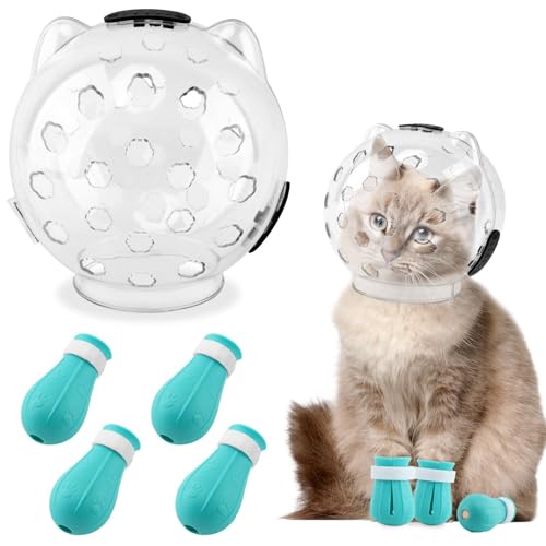 Saycker Cat Muzzle for Grooming Transparent Cat Helmet with 4 Silicone Claw Covers Adjustable Breathable Kitty Hood Anti Bite Bubble Astronaut Groomin Mask for Pet Bath Nail TrimmingS - Image 1