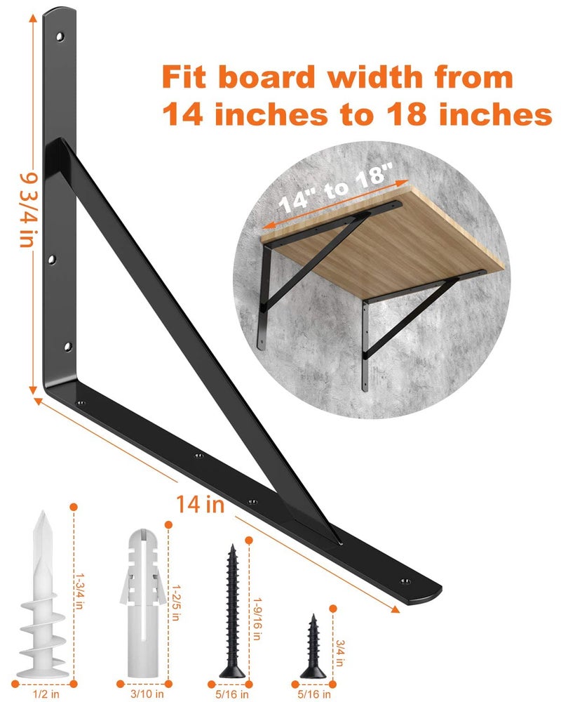 LuckIn 8-Pack 14 Inch Heavy Duty Shelf Bracket, Fit for 14 16 18 Inch Floating Shelves, Wall Shelf L Brackets with 90 Degree Triangle, 250 LBS Max Load, Mounting Hardware Included, Black - Image 2