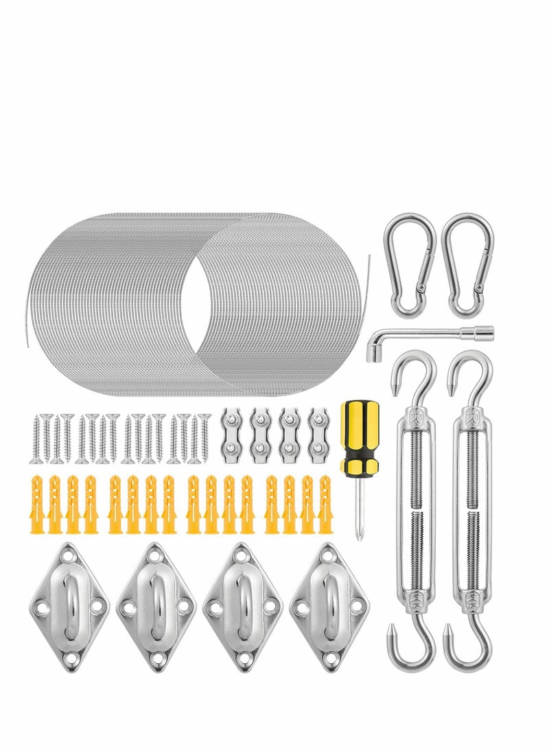 47pcs Triangle & Rectangle Shade Sail Hardware Kit 6 Inches 304 Marine Stainless Steel Sun Shade Sail Installation Hardware Kit with 50ft Wire Rope for Sun Shade Sail in Outdoor Patio Lawn Garden - Image 1