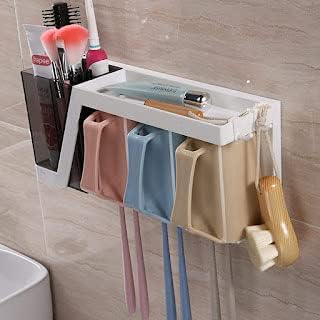 Klever Kitchen kleverkitchen Self Adhesive & Space Saving Wall Mounted Magic Sticker Series 4 Cups Toothbrush Holder for Bathroom Multipurpose Shelf Cosmetic Toiletry Stand/Rack, Comb, Cream, Lotion - Image 3
