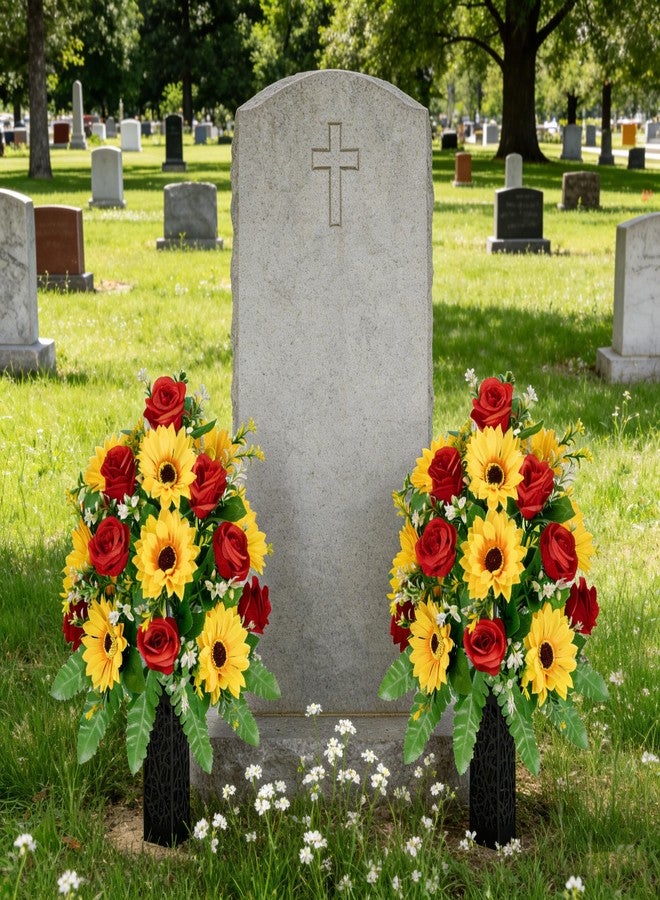 XIAYAN Artificial Cemetery Flowers 2 Sets, Realistic red Roses & Yellow Sunflower - Outdoor Grave Decorations with Non-Bleed Colors, Easy to Install (Yellow+Red) - Image 2