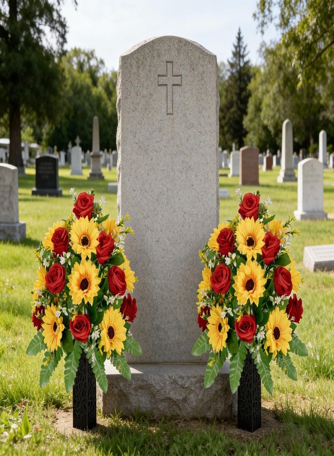 XIAYAN Artificial Cemetery Flowers 2 Sets, Realistic red Roses & Yellow Sunflower - Outdoor Grave Decorations with Non-Bleed Colors, Easy to Install (Yellow+Red) - Image 3