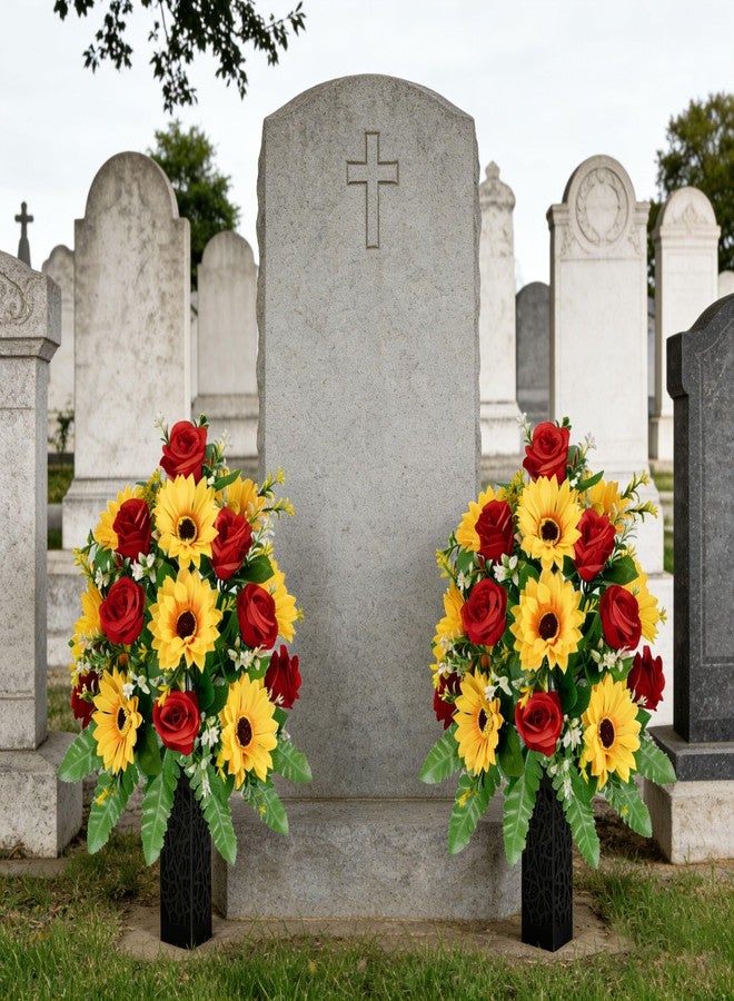 XIAYAN Artificial Cemetery Flowers 2 Sets, Realistic red Roses & Yellow Sunflower - Outdoor Grave Decorations with Non-Bleed Colors, Easy to Install (Yellow+Red) - Image 4
