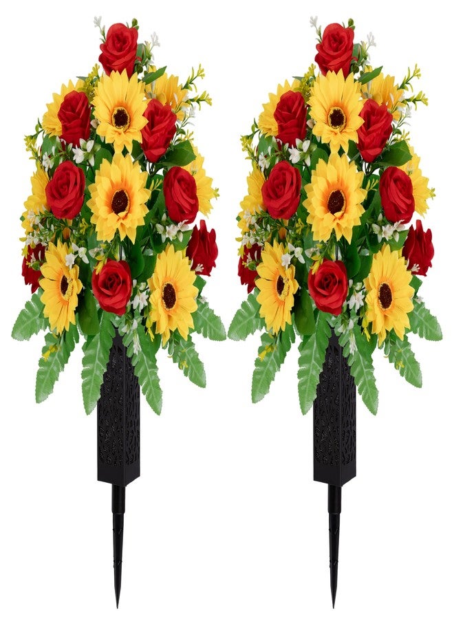 XIAYAN Artificial Cemetery Flowers 2 Sets, Realistic red Roses & Yellow Sunflower - Outdoor Grave Decorations with Non-Bleed Colors, Easy to Install (Yellow+Red) - Image 1