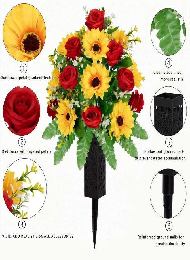 XIAYAN Artificial Cemetery Flowers 2 Sets, Realistic red Roses & Yellow Sunflower - Outdoor Grave Decorations with Non-Bleed Colors, Easy to Install (Yellow+Red) - Image 5
