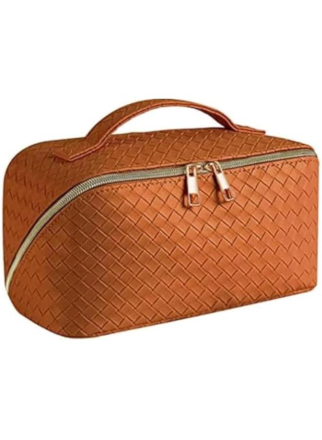 MOXO Large Capacity Travel Makeup BagPU Leather Waterproof Travel Cosmetic Bag Women Portable Travel Makeup Bag With Handle and Divider Flat Lay Makeup Organizer Bag (Brown) - Image 1