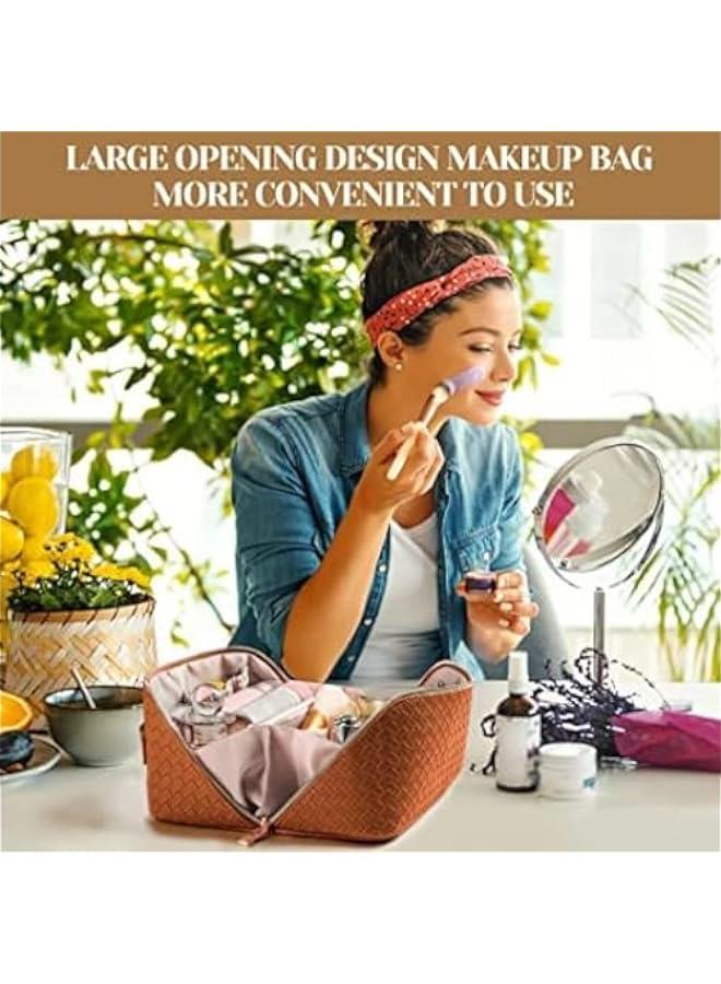 MOXO Large Capacity Travel Makeup BagPU Leather Waterproof Travel Cosmetic Bag Women Portable Travel Makeup Bag With Handle and Divider Flat Lay Makeup Organizer Bag (Brown) - Image 2