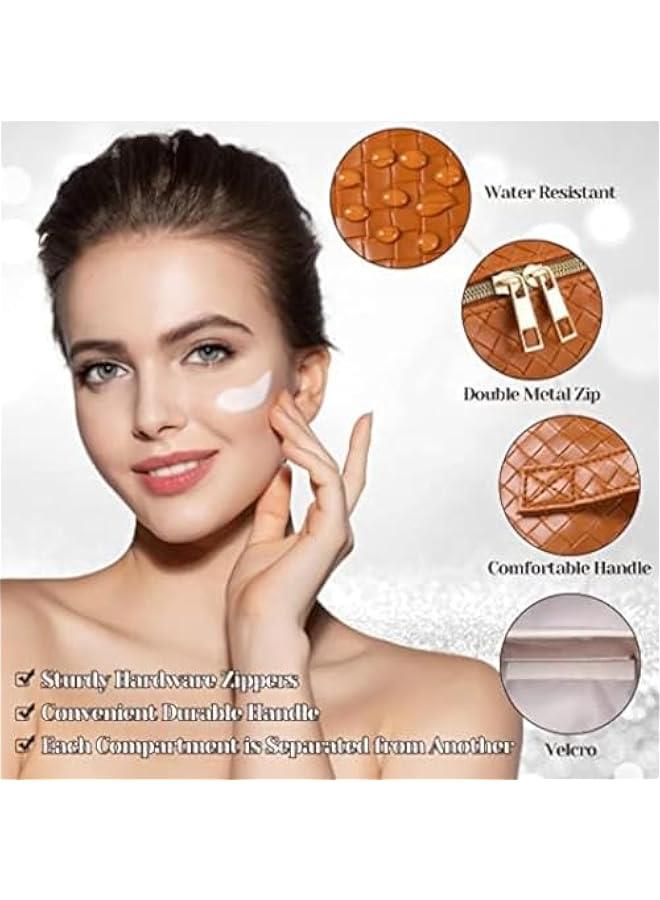 MOXO Large Capacity Travel Makeup BagPU Leather Waterproof Travel Cosmetic Bag Women Portable Travel Makeup Bag With Handle and Divider Flat Lay Makeup Organizer Bag (Brown) - Image 3