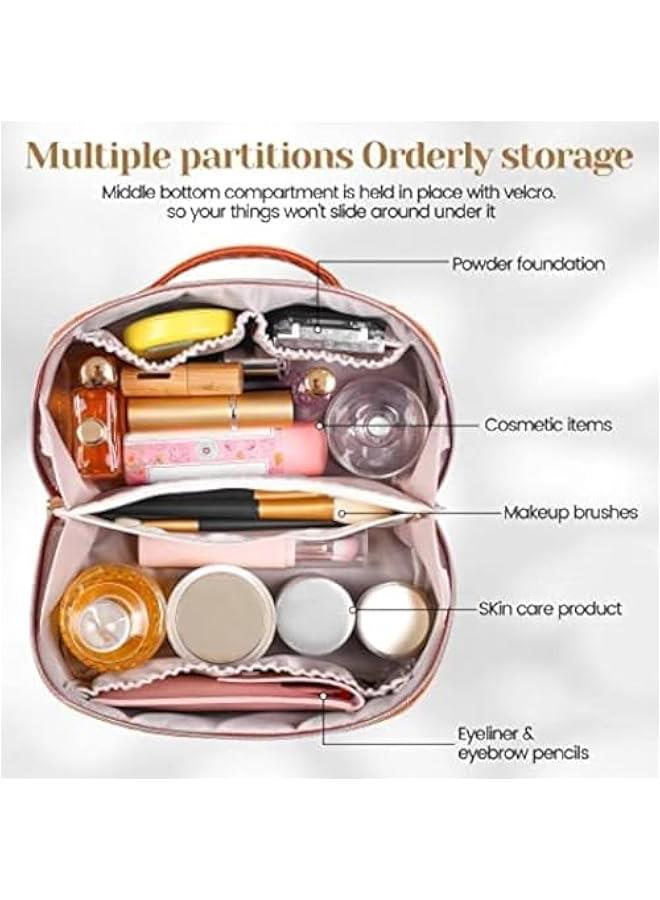 MOXO Large Capacity Travel Makeup BagPU Leather Waterproof Travel Cosmetic Bag Women Portable Travel Makeup Bag With Handle and Divider Flat Lay Makeup Organizer Bag (Brown) - Image 4