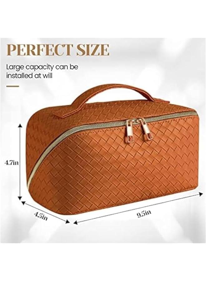 MOXO Large Capacity Travel Makeup BagPU Leather Waterproof Travel Cosmetic Bag Women Portable Travel Makeup Bag With Handle and Divider Flat Lay Makeup Organizer Bag (Brown) - Image 5