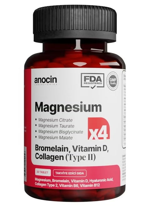 anocin MAGNEZYUM X4 COMPLEX CİTRATE, TAURATE, BİSGLYCİNATE, MALATE + BROMELAİN + KOLAJEN+ H.ASİT+D+B12+B6 30 tablet