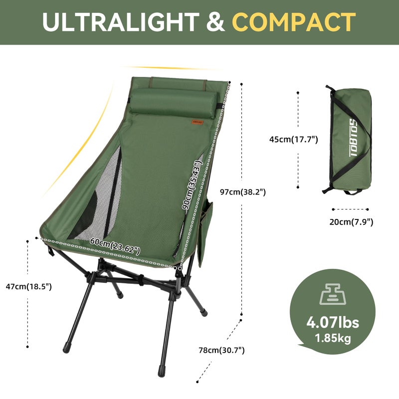 TOBTOS Portable High Back Camping Chair, Support 440 lbs, Ultralight Folding Chair with Head Support, Compact Backpacking Chair for Outdoor Camp Backpacking Fishing (Green) - Image 2