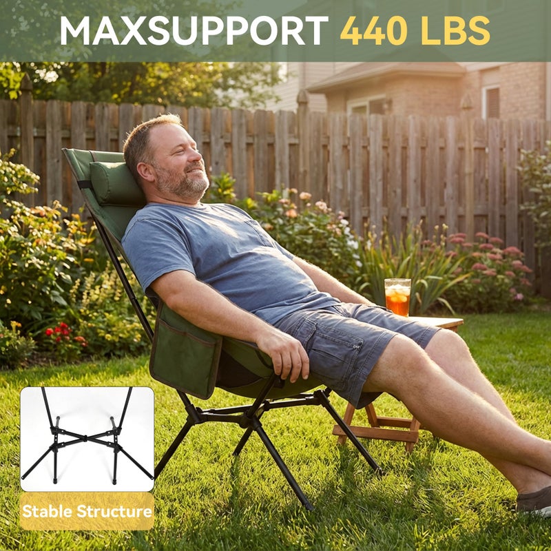 TOBTOS Portable High Back Camping Chair, Support 440 lbs, Ultralight Folding Chair with Head Support, Compact Backpacking Chair for Outdoor Camp Backpacking Fishing (Green) - Image 3