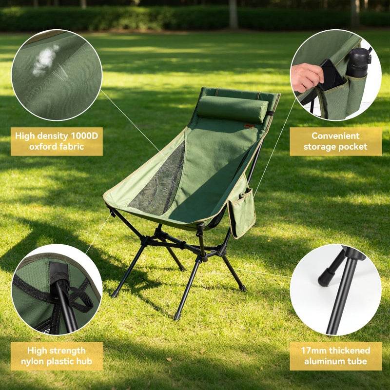 TOBTOS Portable High Back Camping Chair, Support 440 lbs, Ultralight Folding Chair with Head Support, Compact Backpacking Chair for Outdoor Camp Backpacking Fishing (Green) - Image 4
