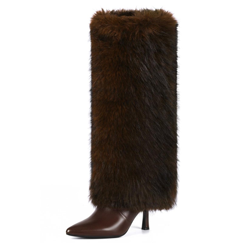 QLR Womens 3.3-inch Kitten Heel Knee High Fur Boots Furry Fuzzy Fluffy Pointed Toe Boots for Women Tall Wide Calf Fall Winter Snow Fold Over Boot with Side Zipper - Image 1