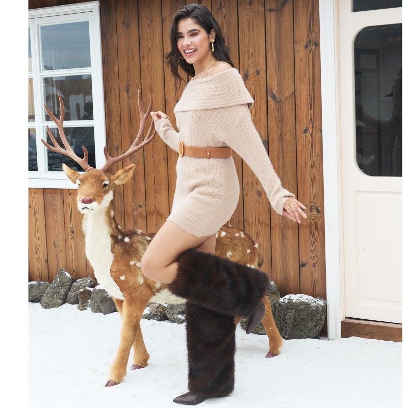 QLR Womens 3.3-inch Kitten Heel Knee High Fur Boots Furry Fuzzy Fluffy Pointed Toe Boots for Women Tall Wide Calf Fall Winter Snow Fold Over Boot with Side Zipper - Image 3