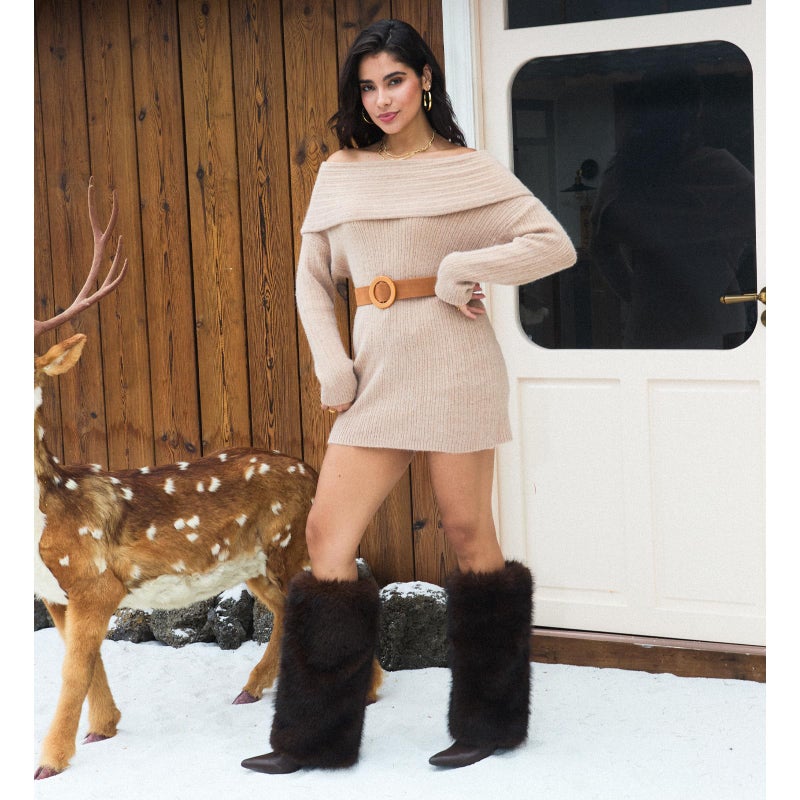 QLR Womens 3.3-inch Kitten Heel Knee High Fur Boots Furry Fuzzy Fluffy Pointed Toe Boots for Women Tall Wide Calf Fall Winter Snow Fold Over Boot with Side Zipper - Image 5