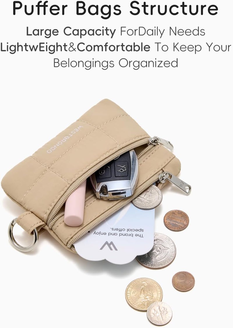 WESTBRONCO Small Puffer Lanyard Wallet with ID Window, Minimalist RFID Nylon Coin Pouch with 2 Zipper Pockets, Badge Wallet, Khaki - Image 5