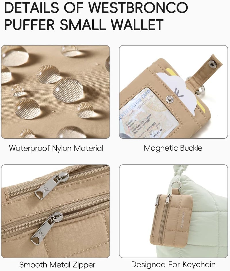 WESTBRONCO Small Puffer Lanyard Wallet with ID Window, Minimalist RFID Nylon Coin Pouch with 2 Zipper Pockets, Badge Wallet, Khaki - Image 4