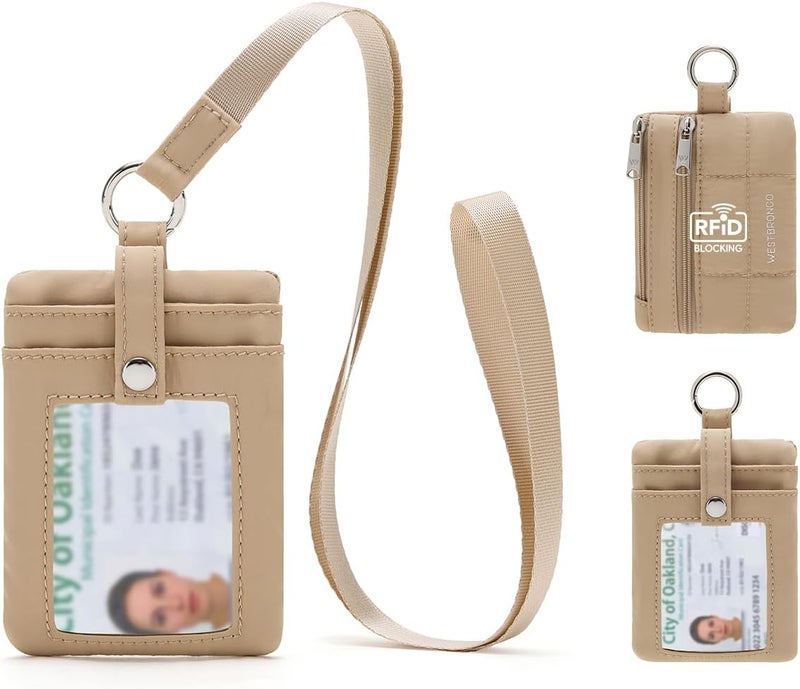 WESTBRONCO Small Puffer Lanyard Wallet with ID Window, Minimalist RFID Nylon Coin Pouch with 2 Zipper Pockets, Badge Wallet, Khaki - Image 1