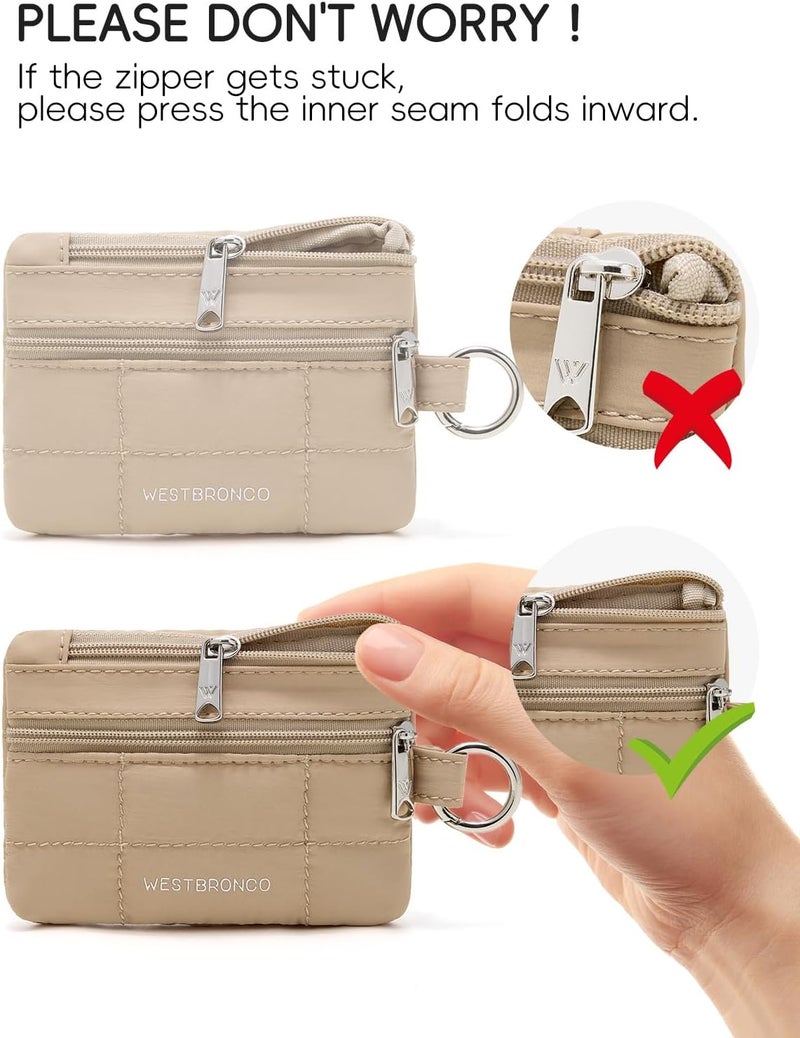 WESTBRONCO Small Puffer Lanyard Wallet with ID Window, Minimalist RFID Nylon Coin Pouch with 2 Zipper Pockets, Badge Wallet, Khaki - Image 2
