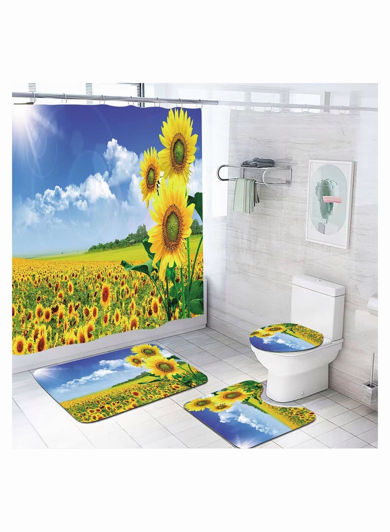 4-Pieces/Set Bathroom Household Supplies,Sunflower Pattern Bathroom Suit,Shower Curtain/Pedestal Rug/Toilet Lid Cover/Bath Mat Decor Set - Image 1