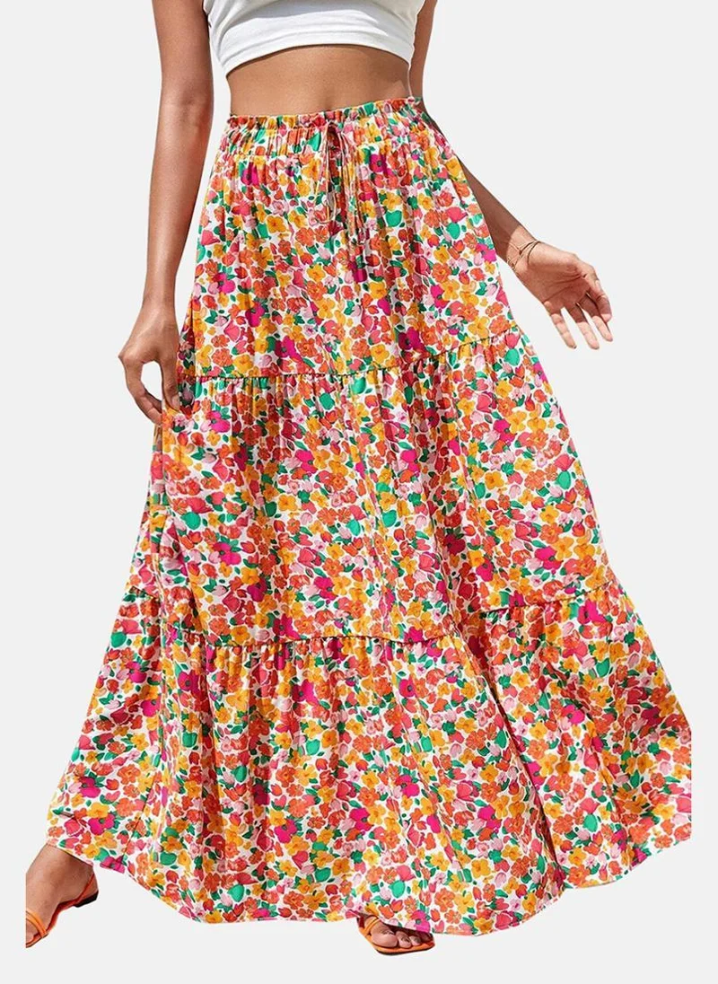 يونيكي Red Tiered Floral Maxi Skirt