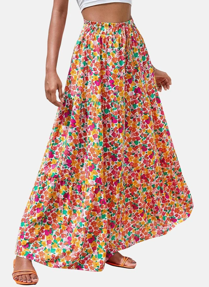 يونيكي Red Tiered Floral Maxi Skirt