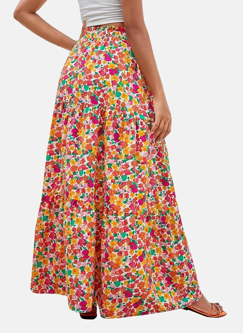 يونيكي Red Tiered Floral Maxi Skirt
