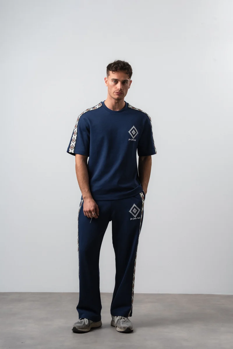 Respire Men's Far From Basic Striped Detail Regular Fit T-Shirt and Pants Set, Navy Blue
