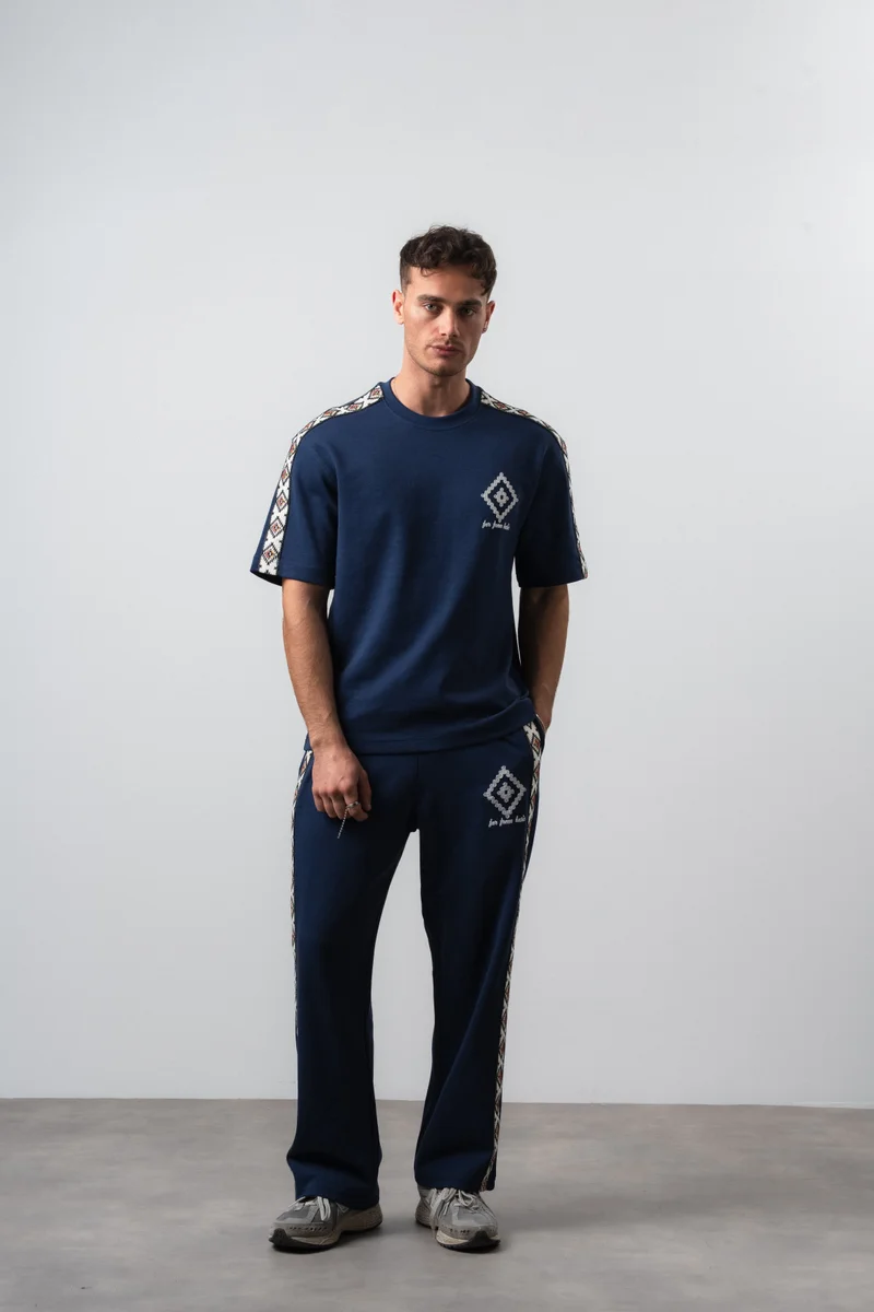 Respire Men's Far From Basic Striped Detail Regular Fit T-Shirt and Pants Set, Navy Blue