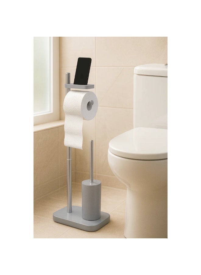 Primanova Freestanding Toilet Paper Holder with Toilet Brush and Storage Shelf, PP Plastic and Stainless Steel Bathroom Stand, Compact 75 cm Design (Grey) - Image 2