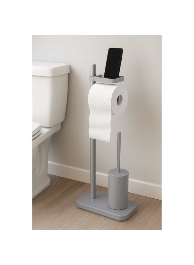 Primanova Freestanding Toilet Paper Holder with Toilet Brush and Storage Shelf, PP Plastic and Stainless Steel Bathroom Stand, Compact 75 cm Design (Grey) - Image 3