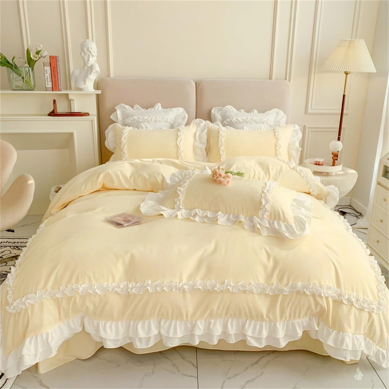 SOUKECHY Chic Lace Bedding,Girls Twin Aesthetic Comforter Cover Set,Cute Princess Style Ruffled Duvet Cover with 2 Layers Ruffles, Zipper Closure-Yellow,Twin - Image 1