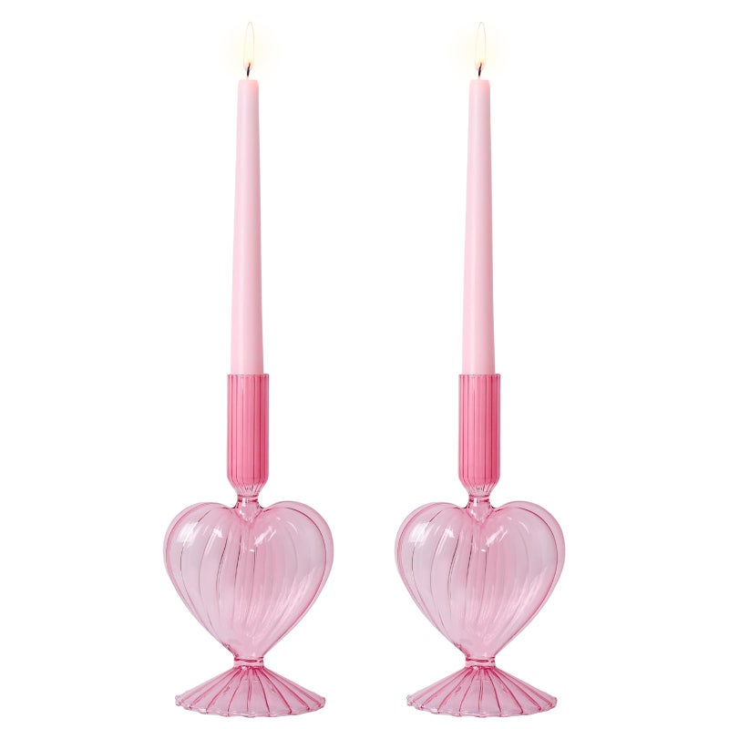 NEEDOMO Valentines Day Decorations, Set of 2 Pink Heart Glass Candlestick Holders for Valentines Decor, Taper Candle Holders Table Centerpieces for Romantic Wedding Party Mantel Decor - Image 1
